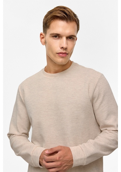Süvari Bol Kesim O Yaka Melanj Desenli Waffle Sweatshirt Kahve