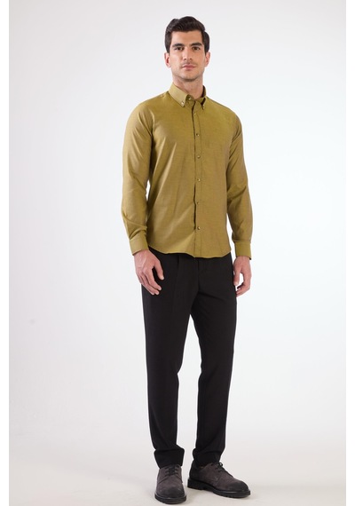 Dufy Koyu Sarı Erkek Slim Fit Düz Brent Düğmeli Yaka Uzun Kol Gömlek - 102489 Koyu Sarı