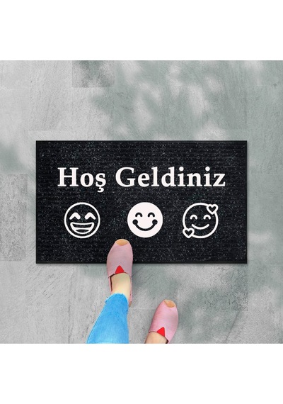 Balkon Ve Iç Dış Kapı Yıkanabilir Nem Alıcı Toz Alıcı Halı Kapı Önü Paspası Türkçe Hoş Geldiniz Siyah