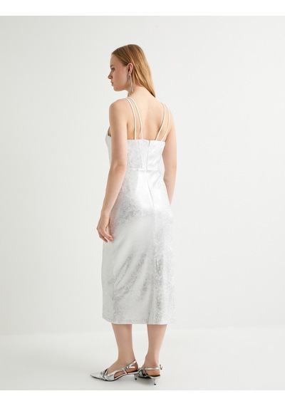 Koton Midi Askılı Abiye Elbise Bridal Kalp Yaka Metalik Varak Baskılı Kırık Beyaz 4sak80134fk Ekru