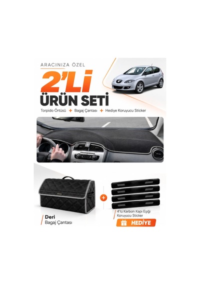 Seat Altea 2010-2015 Uyumlu Torpido Örtüsü + Deri Bagaj Çantası + Sticker Seti - Siyah Gri