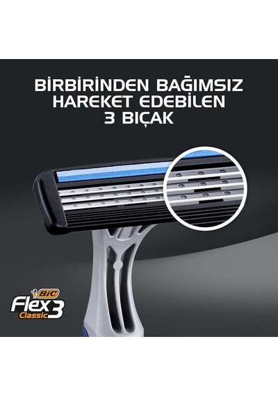 Flex 3 Erkek Tıraş Bıçağı 3'lü Blister 3 Bıçak , Birbirinden Bağımsız Hareket Edebilen 3 Bıçak, Oynar Başlık, Aloe Vera İle Zenginleştirilmiş Kayganlaştırıcı Jel Şerit