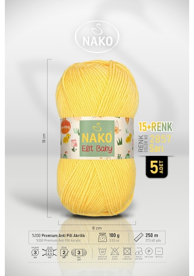Elit Baby - 2857 Sarı - 5'li Paket - 100gr/250m - Bebek İpi - Anti Pilling Tüylenmez İp