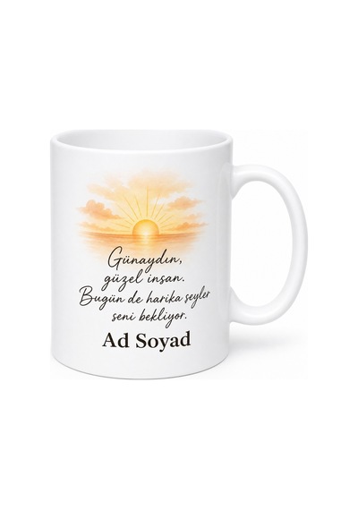 İsme Özel Günaydın Yazılı Baskılı Kupa Bardak Hediye Porselen Mug Beyaz / Çok Renkli