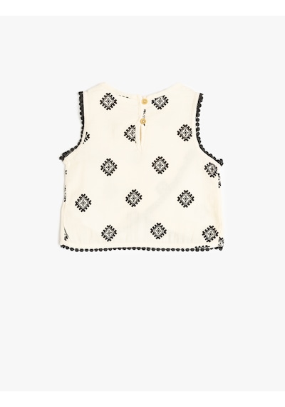 Koton Pamuklu Nakış Detaylı Kolsuz Asimetrik Crop Bluz Siyah Desenli 5smg60035aw Bdl Siyah