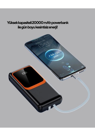 Powerbank 20000 Mah Dijital Ekranlı Ve Çok Kablolu Hızlı Şarj Cihazı Renkli