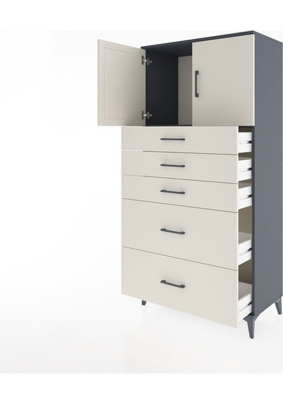 Hyperion Dolap Tek Raflı 5 Çekmeceli 2 Kapaklı 88x44x182 Antrasit-aytaşı Antrasit