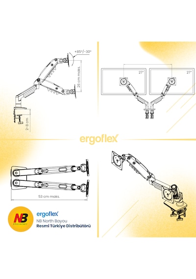 Nb Ergonomic Nb F160 17-27inch Cift Kol 2-9 Kg Amortisorlu Monitor Standı Beyaz