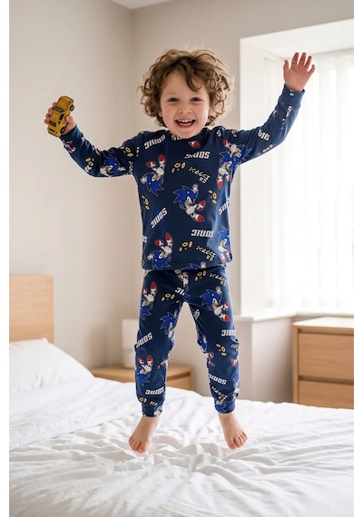 Zuzunga The Hedgehog Super Sonic Desenli %100 Pamuk Çocuk Pijama Takımı Lacivert