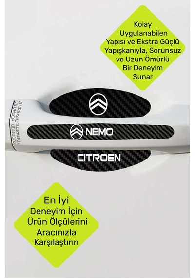 Yüksek Kaliteli Citroen Nemo Kapı Kolu Koruma Seti Karbon Desenli, 8 Parça Şık Beyaz Yazılı Folyo
