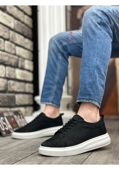 Ba0336 İçi Dışı Hakiki Nubuk Deri Siyah Bağcıklı Sneaker Erkek Ayakkabı 001