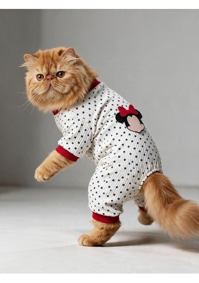Polka Dot Rouge Minny Kedi Tulumu Siyah Beyaz Puantiyeli Penye Kedi Pijaması