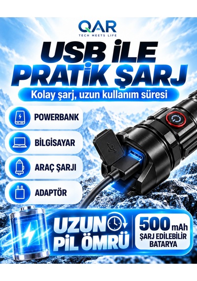 Şarjlı Metal El Feneri Zoomlu Çakar Modlu 26650 Li-ion Bataryalı Kamp Ve Outdoor Feneri Siyah