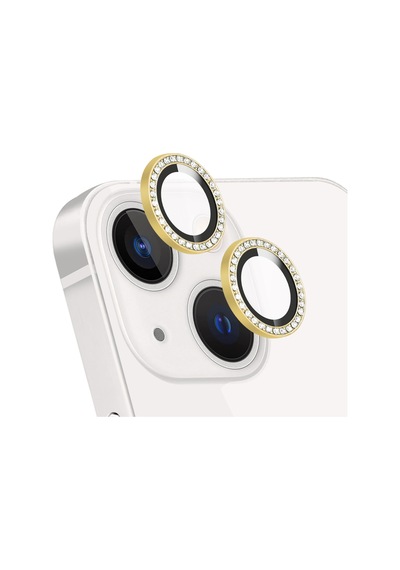 Apple Uyumlu iPhone 13 Taşlı Tasarım Cam Kamera Lens Koruyucu - Gold