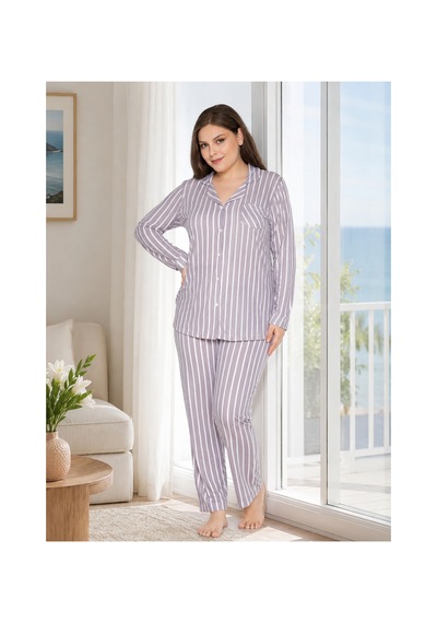 Alperi Büyük Beden Kadın Boydan Düğmeli Çizgili Mevsimlik Pijama Takım B790-45 Gri