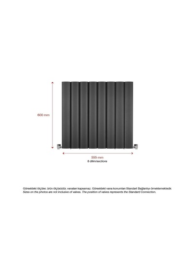 600x555mm Amber Yatay Antrasit Alüminyum Radyatör Standart Bağlan