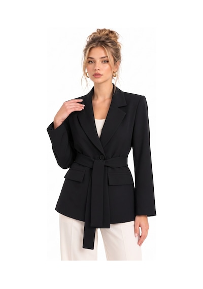 Saade Siyah Kadın Tek Düğmeli Dokuma Kruvaze Blazer Ceket - Kuşaklı