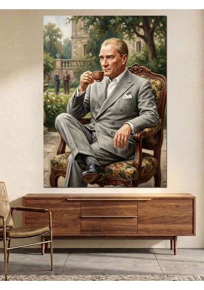 Bahçede Çay İçen Atatürk Dekoratif Kanvas - Mdf Ahşap Tablo