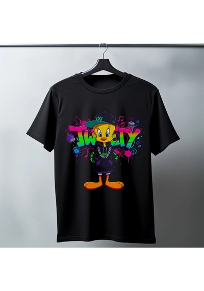 Freedom Store Tweety Graffiti Baskılı Unisex Siyah Oversize Tişört - 24/1 Penye