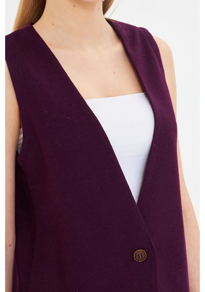 Armonika Kadın Mor V Yaka Tek Düğmeli Oversize Desenli Yelek Arm-25k001110