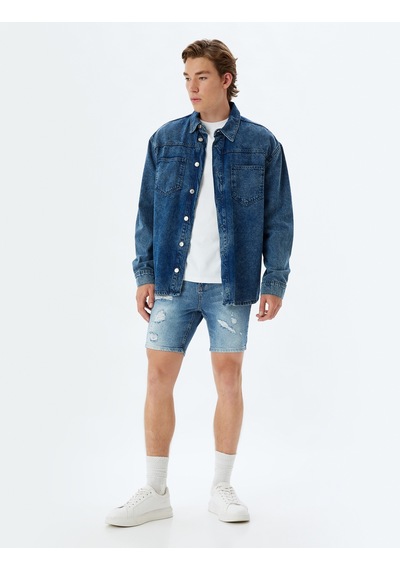 Koton Slim Fit Kot Şort Bermuda Cepli Yıpratma Detaylı Pamuklu Açık İndigo 4sam40056ıd Açık İndigo