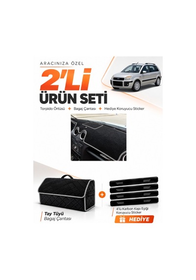 Ford Fusion 2009-2012 Uyumlu Torpido Örtüsü + Tay Tüyü Bagaj Çantası + Sticker Seti - Siyah Gri