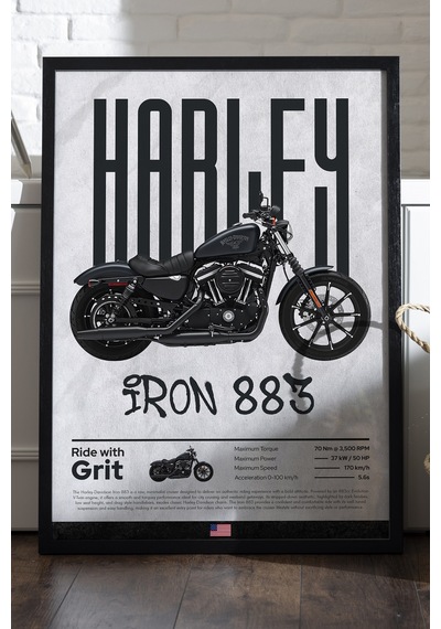 Harley David Iron 883 Siyah Ahşap Çerçeveli Poster, Dekoratif Motosiklet Duvar Tablosu
