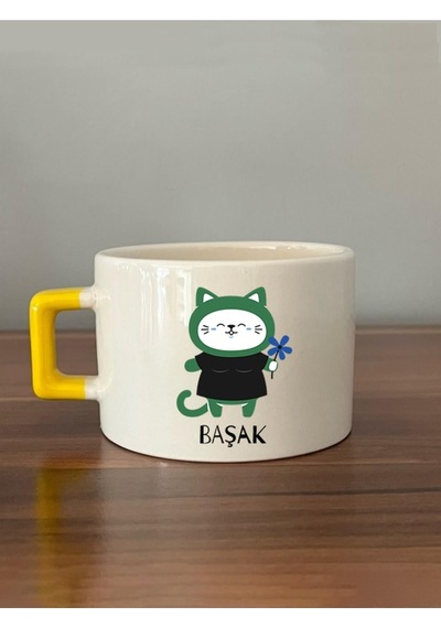 Başak Burcu Ve Onla Alakalı Komik Açıklama Baskılı Sarı Kulplu Yeşil Kedili C Fincan