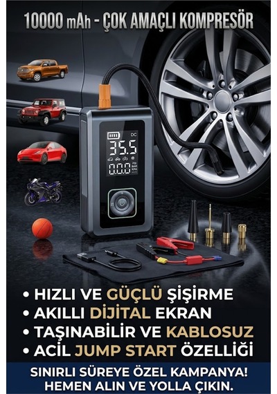 Taşınabilir Dijital Hava Kompresörü Ve Akü Takviye Cihazı 10000 5'in 1 Arada Ve Led Işıklı Fenerli - 934210177