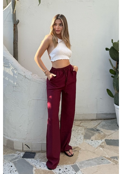 La & Vetta Pembe Keten Karışımlı Bol Kesim Pantolon Bordo