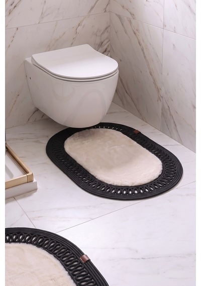 Banyo Paspası Takımı 60x100+40x60 Cm İç Trikot Bej & Siyah Bej - Siyah