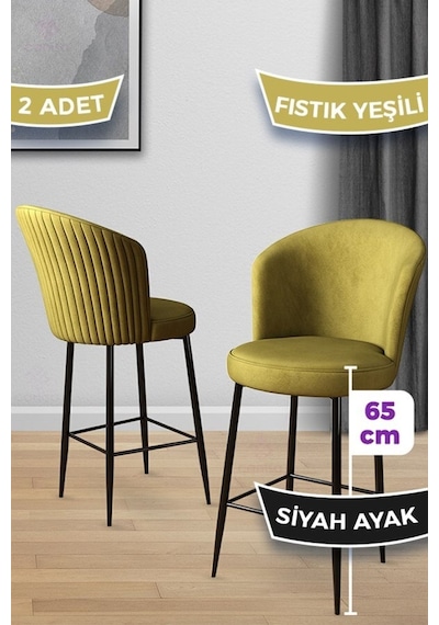 Canisa Alte Serisi 2 Fıstık Yeşili Sandalye 65 Cm Ada Mutfak Bar Sandalyesi Babyface Kumaş Siyah Metal Ayak Sandalyeler Fıstık Yeşili Ayaklar Siyah