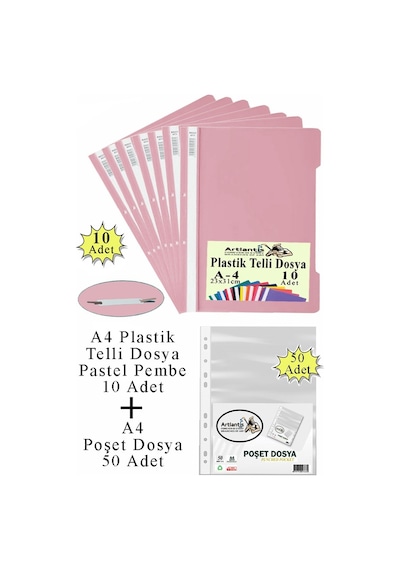 Telli Dosya Plastik A4 10 Lu Ve Poşet Dosya 50 Li 1 Paket Ekonomik Kaliteli Şeffaf Kapak Telli Dosya Okul Büro Ofis Pembe - Kırmızı