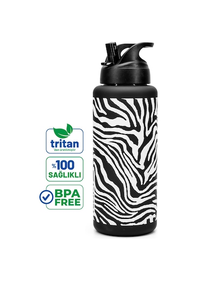Büyük Su Matarası Tritan Pipetli Su Şişesi Zebra Spor Matarası Suluğu Bpasız 1000 Ml Siyah 0112 Beyaz