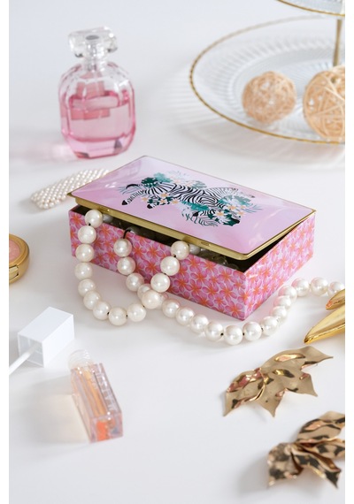 Premium Zebra Desenli Pembe Dekoratif Organizer Kutu Takı, Makyaj, Dikiş Ve Aksesuar Saklama Kutusu 160x102x50 Mm