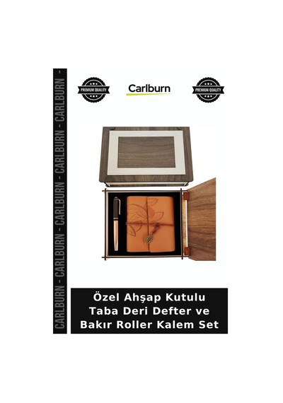 Özel Ahşap Kutulu Taba Deri Defter Ve Bakır Roller Kalem Set Notluk Yazı Aracı İş Hediyesi