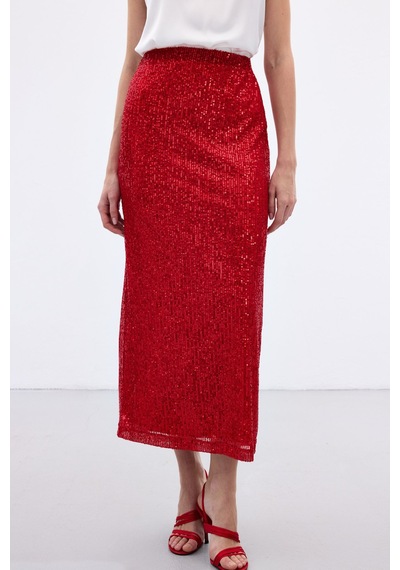 Sateen Karolin Midi Etek - Kırmızı-136653 Kırmızı
