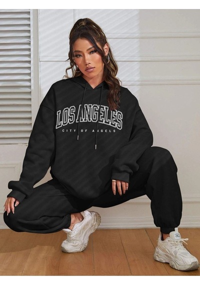 Eşofman Takımı Sweatshirt Jogger - Siyah Baskılı Oversize Şardonlu Kapüşonlu Siyah