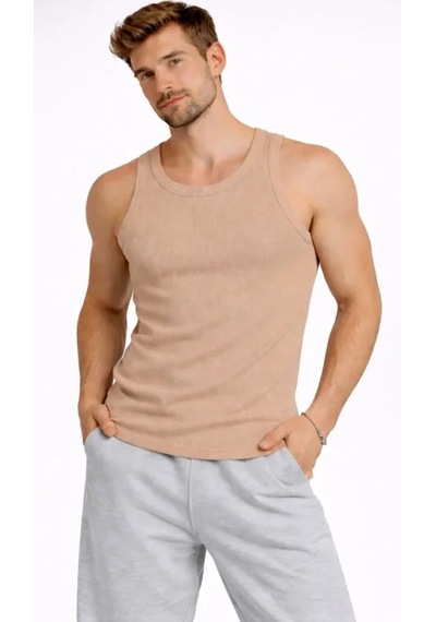 Etiler Collection Erkek Fitilli Atlet Sıfır Yaka Slim Fit Arka Baskılı Spor Atlet - Bej