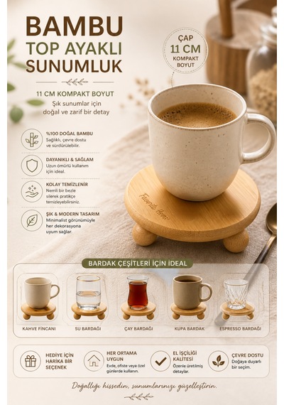 Bambu Top Ayaklı Bardak Altlığı 11 Cm Doğal Ahşap Sunumluk Isıya Dayanıklı Mini Stand