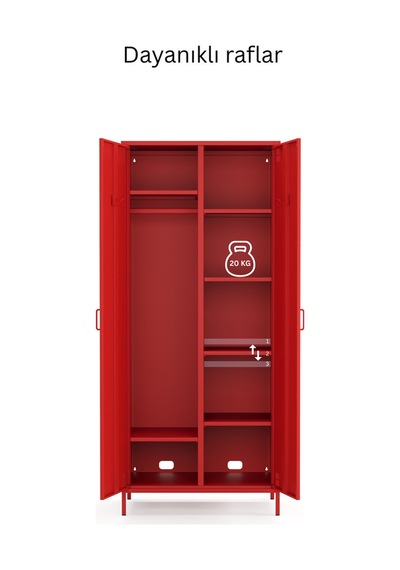 Pera Metal Elbise Dolabı, Soyunma Dolabı, İki Kapılı, 80,50 X 50 X 189,50 Cm Ral 3020 Kırmızı