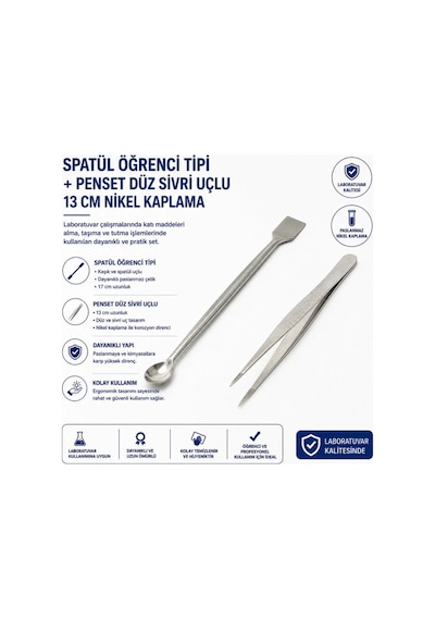 Spatül Öğrenci Tipi + Penset Düz Ssivri Uçlu 13 Cm Nikel Kaplama