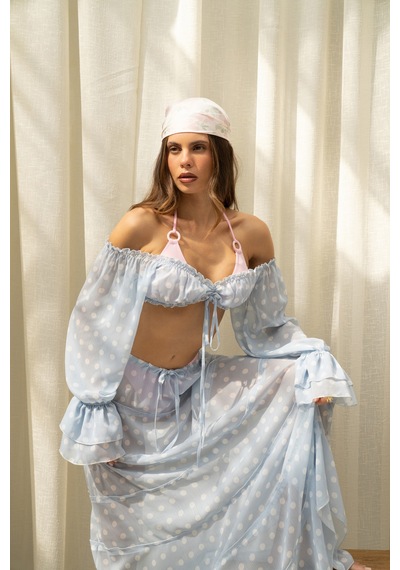 Mai Collection Samos Puantiyeli Mavi Crop Etek Takım