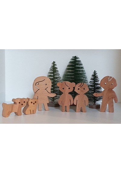Aile Takımı 6'lı Set Anne-baba-2çocuk-kedi-köpek Waldorf Doğal...