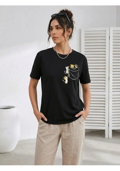 Hazego Sevimli Kedi Cep Baskılı Tişört Kısa Kol Yazlık T-shirt - Siyah