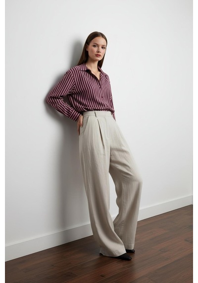 Pera Moda Oversize Çizgili Modal Gömlek Bordo