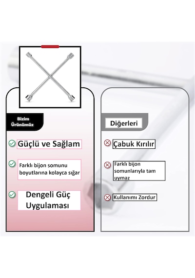 Tüm Otomobiller Için 4 Farklı Ölçüde Bijon Anahtarı -17-19-21-23