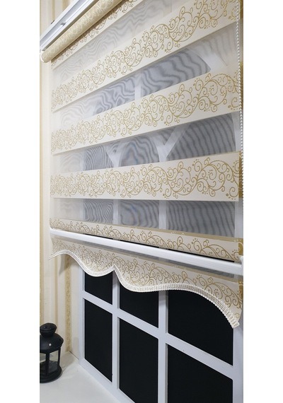 Zebra Stor Perde Sarı Sarmaşık Desen Altın Simli Etek Dilimli Stb9300 V 02
