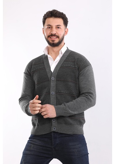Kzctekstil Erkek Baba Triko Örgü Çift Cepli Akrilik Klasik Fit Düğmeli Hırka Gri