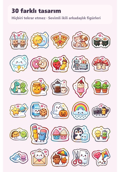 30 Adet Sevimli Arkadaşlık Sticker Seti - Laptop Defter Telefon Kılıfı Çok Renkli